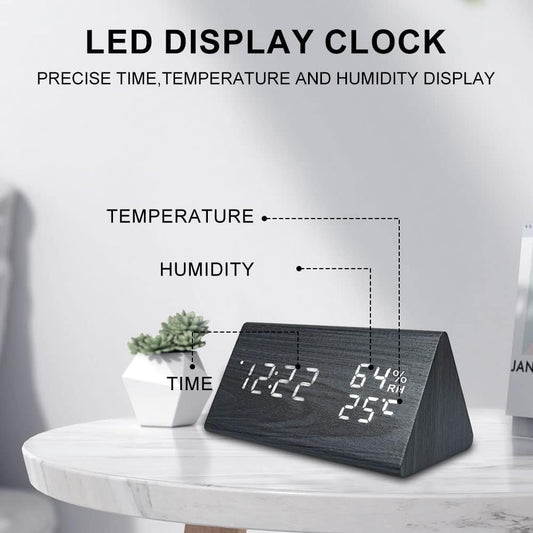 Wooden Digital LED Clock with Temperature and Humidity